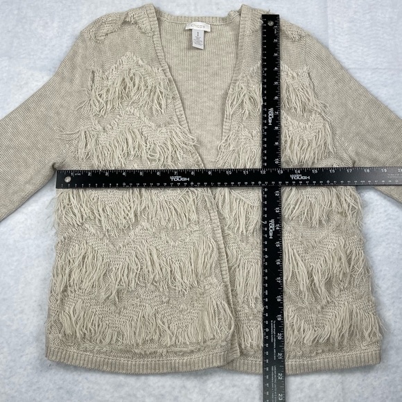 Chico’s Sweater 1 Womens 8 Medium Cardigan Open Front Oatmeal Fringe Chevron - Picture 5 of 11